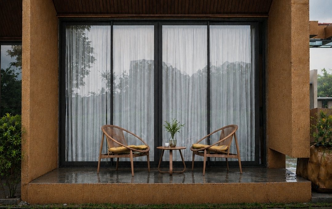 Cabin porch with woven lounge chairs at The Golden Grass Resort