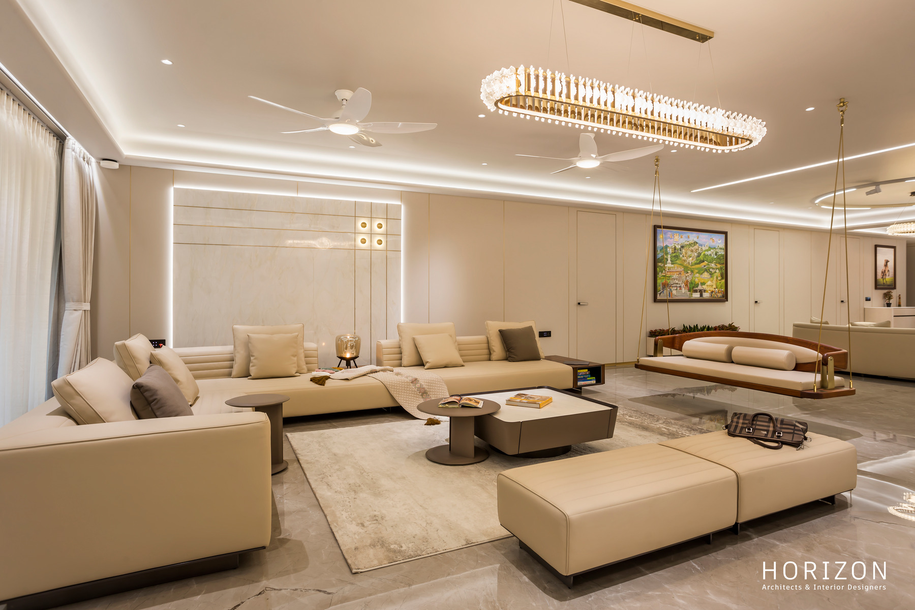 RAHUL BHAI HOME sectional sofa with cushions, ceiling fan and the hanging timber swing