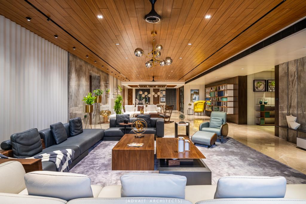 VILLASHBHAI HOME living room with slatted timber ceiling